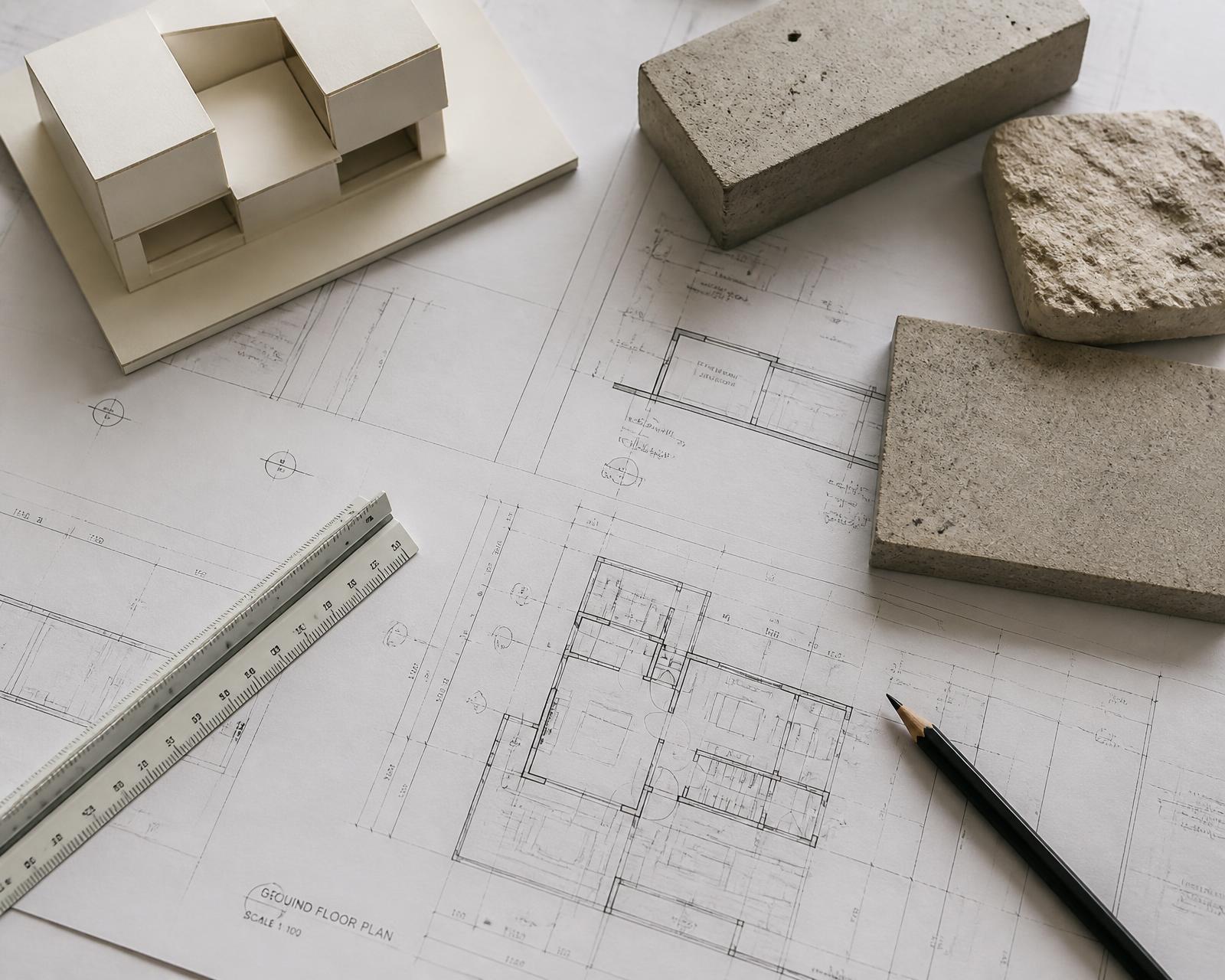 Mesa de trabalho com desenhos técnicos, maqueta e amostras de materiais